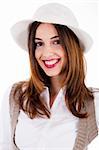 attractive femle model with her hat on isolated white background