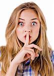 Women says ssshhh to maintain silence on a white background