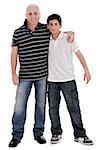 Positive image of a caucasian boy with his father on white background