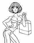 Cartoon of a sexy girl in a corset holding a shopping bag.