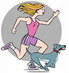 Cartoon of a woman running with her dog isolated on a white background.