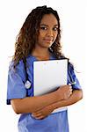 Stock image of woman wearing scrubs over white background