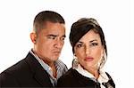 Attractive concerned Hispanic couple on white background