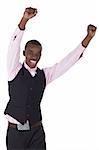 Young Adult black african businessman wearing a dark smart-casual outfit without a Jacket, but with a pink shirt and a dark waistcoat on a white background in various poses with various facial expressions. Part of a series, Not Isolated.