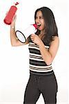 Young adult African-Indian businesswoman in casual office outfit with a megaphone and fire extinguisher for a fire drill. Shot on a white background. Not Isolated