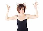 Cute young adult caucasian woman wearing a black top and with short brunette hair on a white background. Not Isolated
