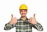 fine portrait of positive construction worker on white