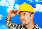 young manual worker look forward and cloudy sky