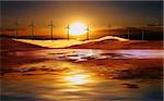wind turbine at sunset in a desert with water reflection