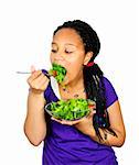 Isolated portrait of black teenage girl eating salad