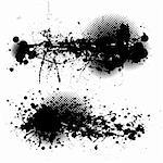 two black ink splats with halftone dots and white background