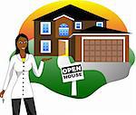 Vector Illustration. A real estate agent with keys advertising an open house viewing. Version 3 of 6.