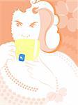 illustration drawing of a woman drinking a cup of tea