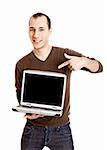 Young man showing a work presentation on the laptop, isolated on white