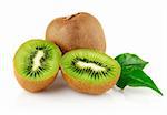 fresh kiwi with cut and green leaves isolated on white background