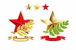 Gold star, Red Star, Laurel Branch Green and Gold and Two Ribbons Isolated on White