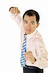 Businessman fighting by Chinese kung fu on white background.