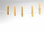 3D illustration of five  clothespins on a white clothesline