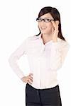 Happy businesswoman of Asian portrait with glass on white background.