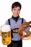 closeup of Asian man, which holds an Oktoberfest beer stein and a Pretzel in hands and smiles happy. Isolated on white.