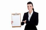 Smiling young business lady pointing the plain paper over white background