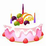 Birthday cake with candles and fruits on the white background