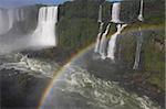 Iguassu waterfalls with rainbow on a sunny day early in the morning. The biggest waterfalls on earth.