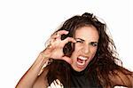 Pretty woman with wild brunette hair on white background