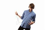 Tall handsome hipster man on white background with Headphones