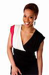Beautiful African American business woman wearing black fashion dress and big smile, isolated.