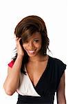 Face of beautiful African American business woman with a smile and shy expression and hand in straight hair, isolated.