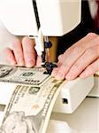 Dollar Bank note in a sewing machine