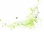 Abstract grunge background with floral elements and butterflies and space for your text in shades of green. Use of linear gradients.