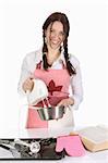 beautiful housewife preparing with kitchen mixer on white background