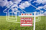 Sold For Sale Real Estate Sign Over Clouds, Grass Field, Sky and House Icon.