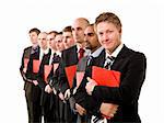 Group of business men in a row with red documents