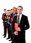 Business men with red documents in a row towards white background