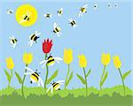 a hand drawn illustration of a group of bees swarming to the only red tulip on a beautiful sunny day