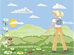 hand drawn illustration of a lady walker looking out over a hilly landscapewith sunshine blue sky and fluffy clouds