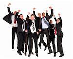 Group of happy businessmen jumping