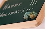 Chalkboard with a text: Happy holidays and seashells