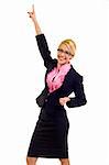 attractive blond businesswoman with glasses winning over white
