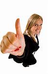 happy businesswoman pointing to you - thumbs up