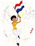 Black Girl Dutch Soccer Fan with flag. Editable Vector Illustration