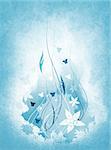Grunge blue and white floral background with butterfly