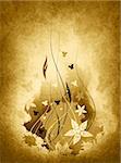 Grunge old floral background with flowers and butterfly
