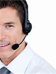 Portrait of a sales representative man with an headset against white background