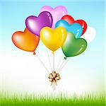 Bunch Of Colorful Heart Shape Balloons With Golden Bow Above Grass