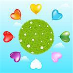 Colorful Heart Shape Balloons Around Grass Ball With Flowers And Clouds