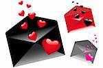 3 Envelops With Flying Hearts (Black envelop With Red Hearts, Red With Demons And Gray With pink), Isolated On White
